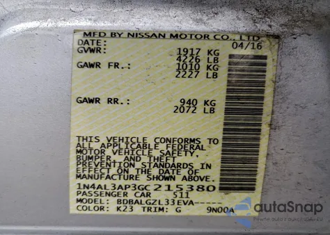 2016 Nissan Altima 2.5 z USA, uszkodzony, nr VIN 1N4AL3AP3GC215380